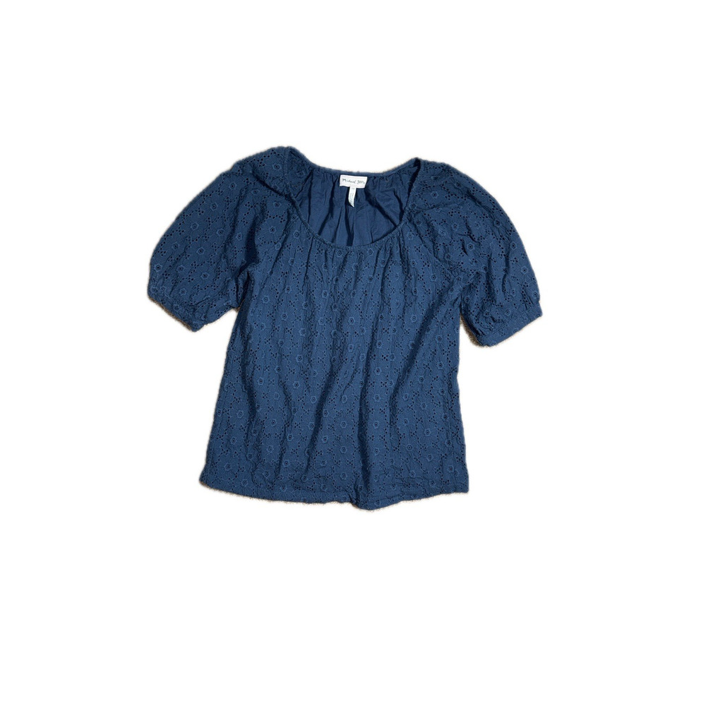 Michael Stars Women's Blue Eyelet Top One Size Blue Lace Short Sleeve Tee Shirt